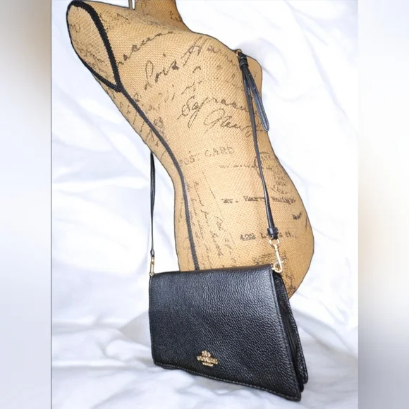 Coach Anna Foldover Leather Clutch Crossbody Bag In Black - Picture 9 of 11